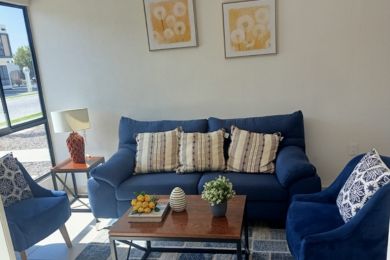 Interior decoración sillones sala color azul cojines mesa sala